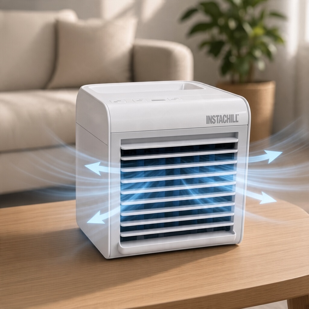 InstaChill Pure Chill desktop cooler, front view with cool air blowing out of front vent
