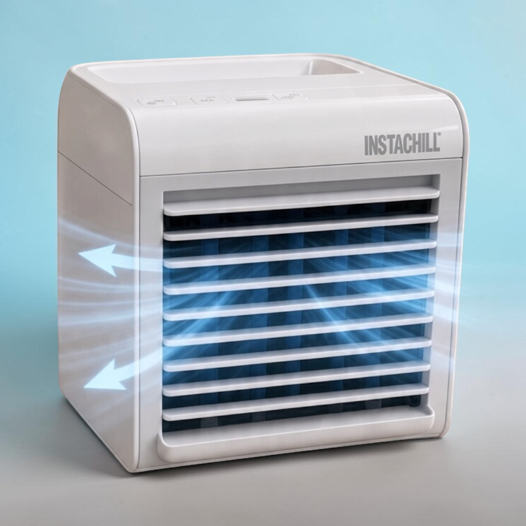 InstaChill Pure Chill desktop cooler, front view with cool air blowing out of front vent